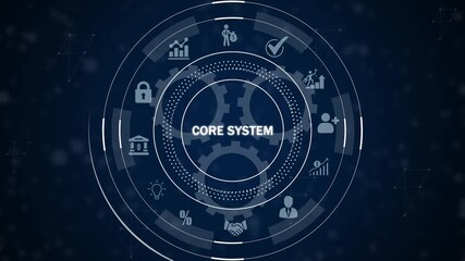 Core system technology abstract with business finance and network gears and data visualization on