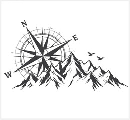Compass and mountains with birds flying overhead in black and white © Nasir