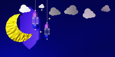 Naklejka premium Islamic greetings Ramadan Kareem card design with beautiful lanterns and crescent moon. 3d render.