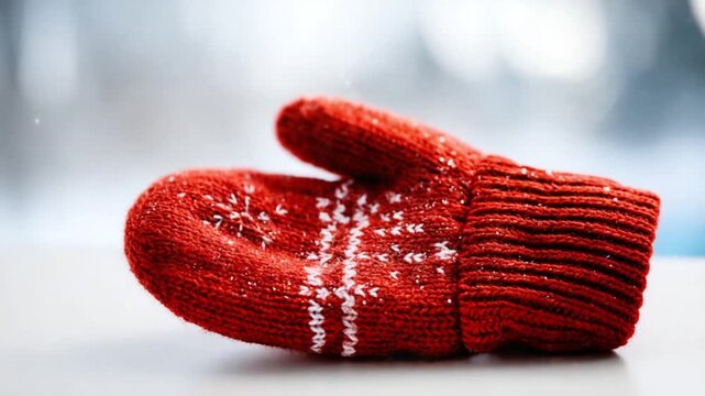 Winter Red Mitten: A warm, knitted red mitten rests in a soft focus, a touch of winter's charm in a cozy embrace.