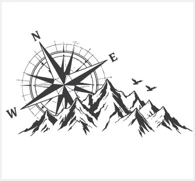 Compass and mountains with birds flying overhead in black and white