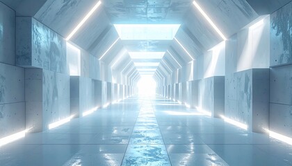 A futuristic, symmetrical hallway with bright, ethereal lighting leading to a luminous exit