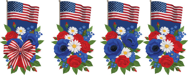 Obraz premium Patriotic Floral Arrangement Illustration with American Flag, Red White Blue Flowers for Independence Day, Memorial Day, and National Celebration Design
