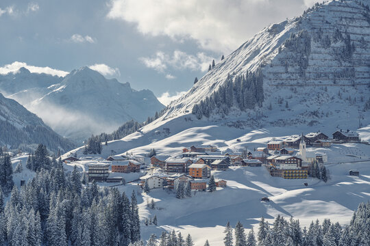 Kaiserwetter at Warth-Schr&ouml;cken Ski Resort Arlberg Austria with stunning views of Warth Warther Horn and Karhorn featuring snow powder slopes alpine chalet and a winter wonderland panorama in the Wart