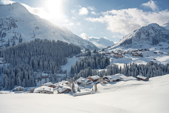 Kaiserwetter at Warth-Schr&ouml;cken Ski Resort Arlberg Austria with stunning views of Warth Warther Horn and Karhorn featuring snow powder slopes alpine chalet and a winter wonderland panorama in the Wart
