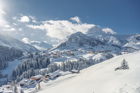 Kaiserwetter at Warth-Schr&ouml;cken Ski Resort Arlberg Austria with stunning views of Warth Warther Horn and Karhorn featuring snow powder slopes alpine chalet and a winter wonderland panorama in the Wart