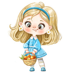 Cute cartoon girl in blue dress with basket full of apples