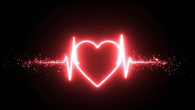 Minimal animated glowing heart beating rhythmically on black background, soft pulse light, subtle particle trail, smooth loop animation