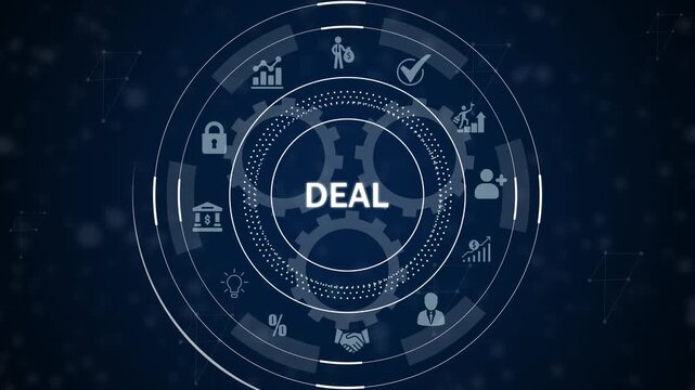 Futuristic digital interface showing the word D E A L surrounded by business finance and
