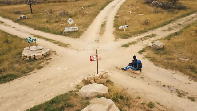Backpacker at Fork in Road, Contemplative