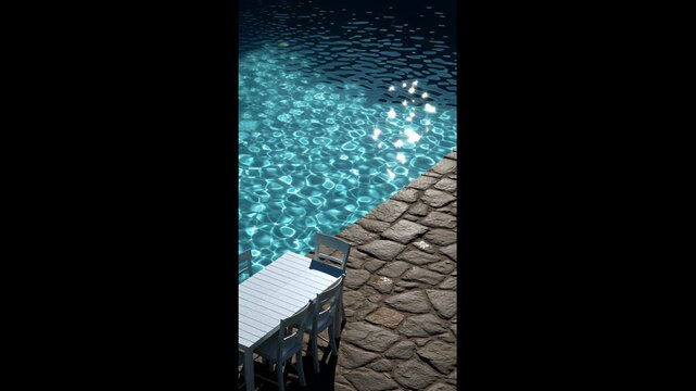 Poolside dining table and chairs reflecting summer sun