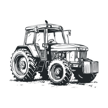 Powerful farm tractor illustration stands ready for agricultural work, showcasing its robust design and large wheels in a classic black and white sketch style.