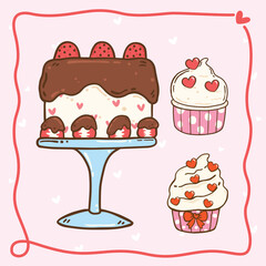 Valentine Cake and Cupcake.cute pink sweet Hand Drawn