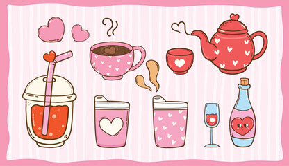 Hand Drawn Valentine's Day Drink Set Element Cartoon Hand Drawn