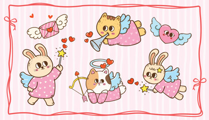 Cute Valentine Cupid Cat And Rabbit Cartoon Character Hand Drawn Greeting Card Printable