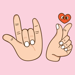 Hand drawn cute cartoon illustration of I love you hand with heart sign valentine's day concept