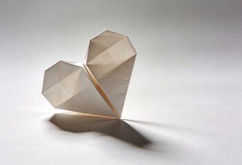 Origami Heart Made from White Paper with Soft Shadow on Light Background