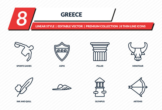 greece icons set - sports games, aspis, pillar, minotaur, artemis outline vector collection.