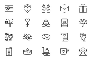 Fototapeta premium Valentine’s Day Editable Stroke Outline Icon Set – Thin Linear Love, Romance and Heart Icons Pack, Modern Minimal Vector Illustration for Web, App and UI Design