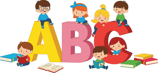 Fototapeta premium Kids Learning Alphabet Illustration with Children Sitting on ABC Letters and Reading Books for Early Education, Preschool, Literacy, and Fun Learning Design