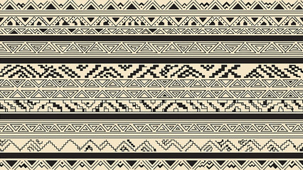 An intricate pattern of geometric shapes and lines, featuring triangles, zigzags, and pixelated designs in black, gray, and beige.