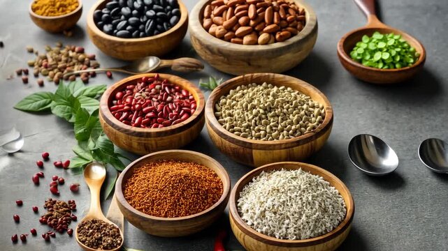 Selective focus. Wooden bowls filled with assorted legumes on a table
