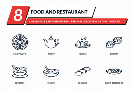 food and restaurant icons set - cong you bing, tea pot, soy eggs, sachima, cantonese seafood soup outline vector collection.