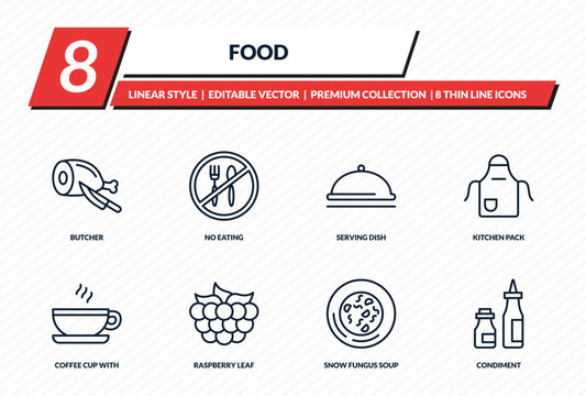 food icons set - butcher, no eating, serving dish, kitchen pack, condiment outline vector collection.