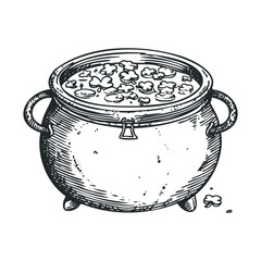 Traditional Irish cauldron filled with lucky shamrocks depicted in a classic hand-drawn engraving style, perfect for celebrating St. Patrick's Day.
