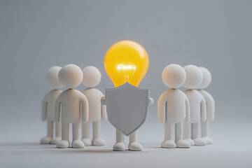 Protective leader with shield before team, glowing lightbulb for guidance and responsibility