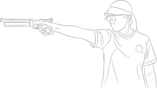 Line art illustration depicting a focused female sport shooter carefully aiming her competition air pistol during a precision target practice session requiring extreme concentration and steady hands.