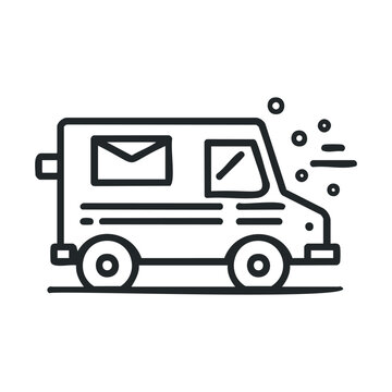 Hand-drawn delivery van icon represents fast shipping and reliable postal service for packages and letters, symbolizing efficient transportation.