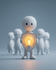 Leader holding shield and glowing bulb in front of team, protection and unity symbol