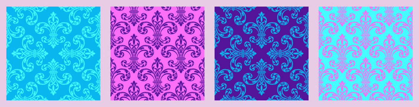 Colorful fleur-de-lis damask seamless pattern set. Vibrant pink, neon blue, and purple ornate floral ornaments for modern textile, trendy wallpaper, and creative fashion backdrops.
