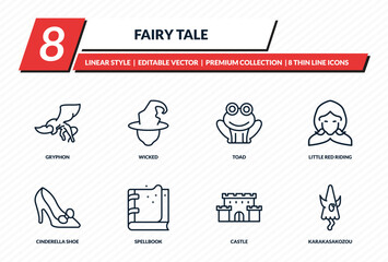fairy tale icons set - gryphon, wicked, toad, little red riding hood, karakasakozou outline vector collection.