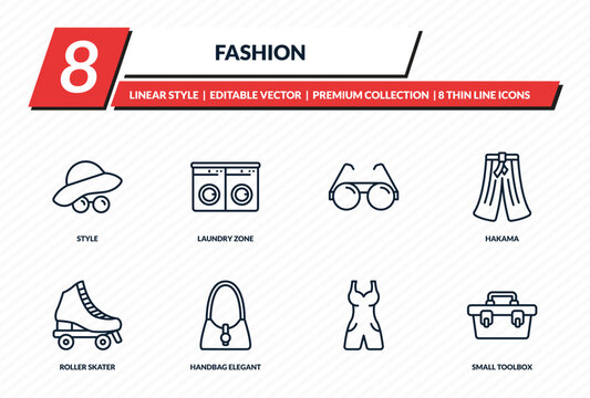 fashion icons set - style, laundry zone, , hakama, small toolbox outline vector collection.