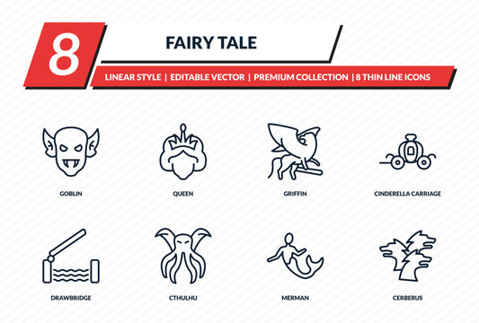fairy tale icons set - goblin, queen, griffin, cinderella carriage, cerberus outline vector collection.