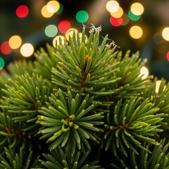 Close-up of Christmas Tree Needles with Bokeh Lights.