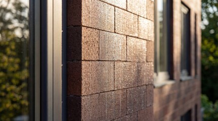 Close Up of Modern Red Brick Wall Exterior Under Warm Afternoon Sunlight
