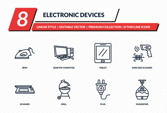 electronic devices icons set - iron, desktop computer, tablet, barcode scanner, humidifier outline vector collection.