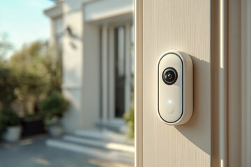 Minimalist smart doorbell on modern residential entrance illuminated by soft daylight