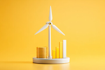 Wind turbine with coin and bar chart icon depicting renewable energy market growth