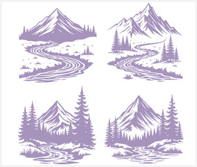 Obraz premium Mountain landscapes with trees and winding rivers in purple illustrations
