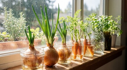 Fresh Vegetable Scraps Regrowing in Glass Jars on a Sunny Kitchen Window Sill