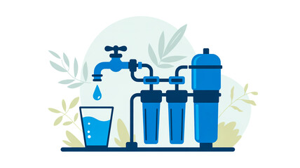 A minimalist illustration of a reverse osmosis water filtration system in a light blue and white color scheme.