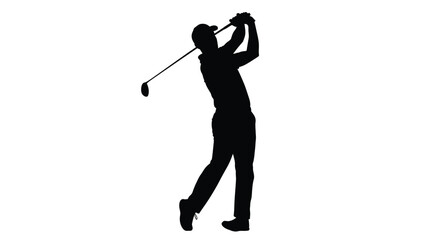 A golfer in mid swing captured in a dramatic black silhouette