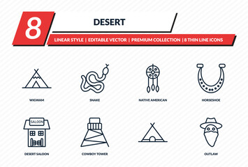 desert icons set - wigwam, snake, native american, horseshoe, outlaw outline vector collection. © IconArt