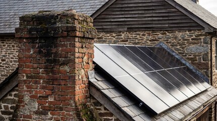 Modern Solar Panels Installed on a Traditional Stone Building with Brick Chimney