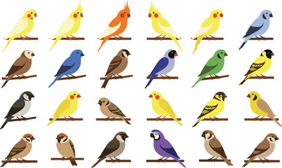 Fototapeta premium Colorful Small Bird Species Icon Set with Perched Songbirds for Wildlife Identification, Nature Education, Ornithology Illustrations, and Decorative Design