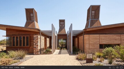 Modern Sustainable Architecture with Rammed Earth Walls and Timber Towers Under Blue Sky
